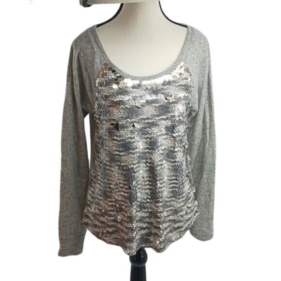 Express Sweaters - Express Womens S Gray Flip Sequin Long Sleeve Top Shimmer Sparkle Party Blouse